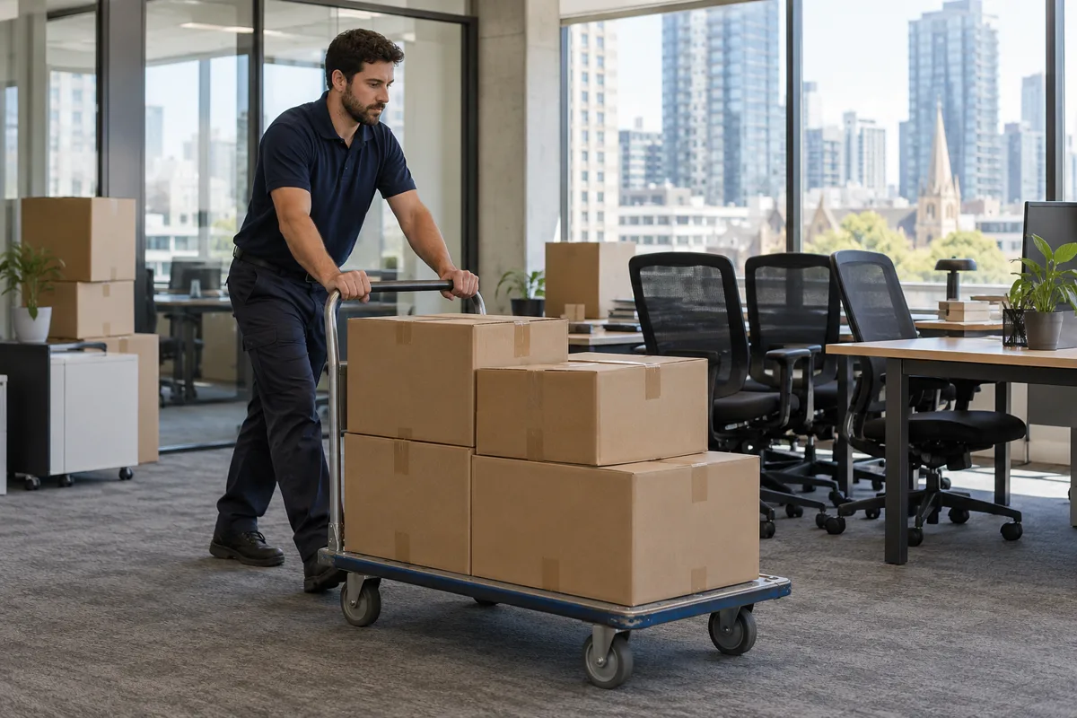 A mover pushing a trolley of stacked boxes through an office with desks and chairs