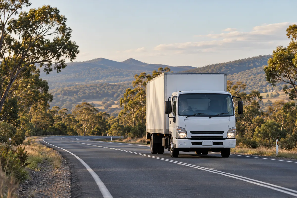 A white box truck driving along a country highway with hills in the distance